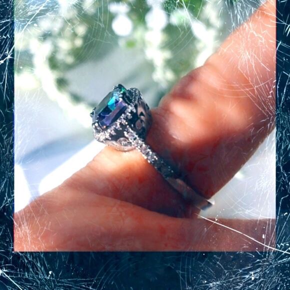 Cushion Cut 5 Ct. Mystic Topaz 14K White Gold surrounded by 38 White Diamonds - Picture 4 of 8